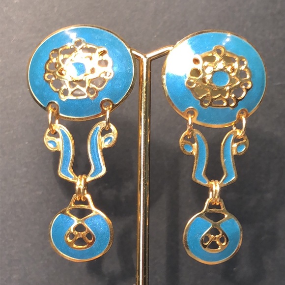 Berébi cerulean enameled pierced dangle earrings. EUC - 3” x 1” Unique Stamped - Picture 11 of 11